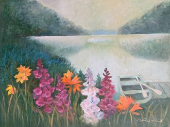 Hommik järvel õlimaal lõuendil